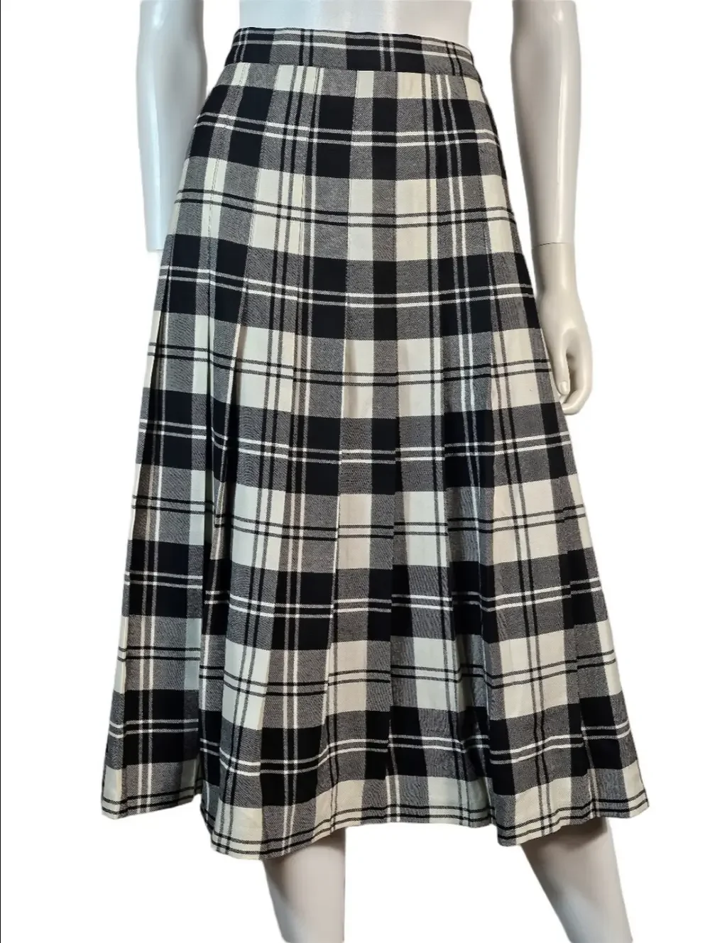 O'Neil Of Dublin 100% Wool Black & White Tartan Plaid Pleated Midi Skirt